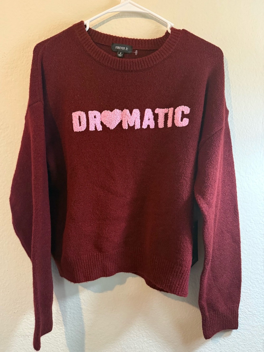 Forever 21 Maroon Crewneck Sweater with Pink Chenille 'DR♥MATIC'